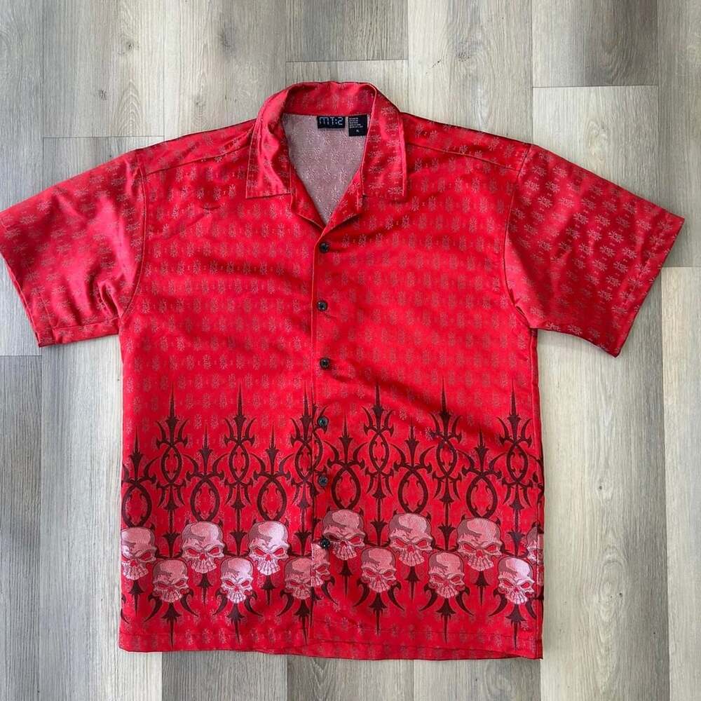 mt:2 Skull Button Up Shirt Size XL Red Black Bowling Short Sleeve